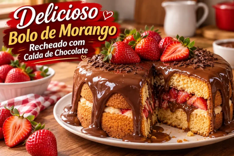 Bolo de Morango Recheado com Calda de Chocolate